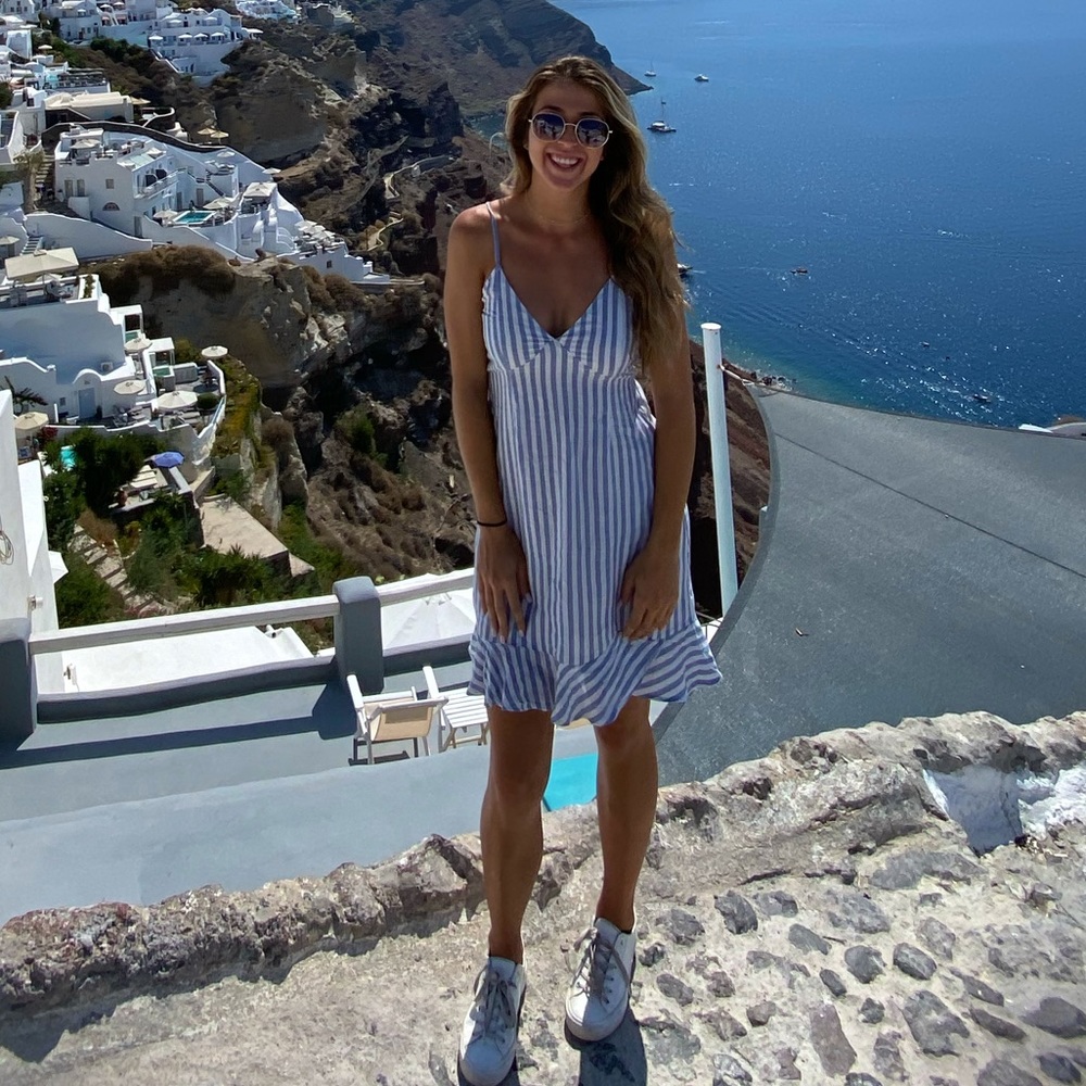 Blue and white striped halter dress